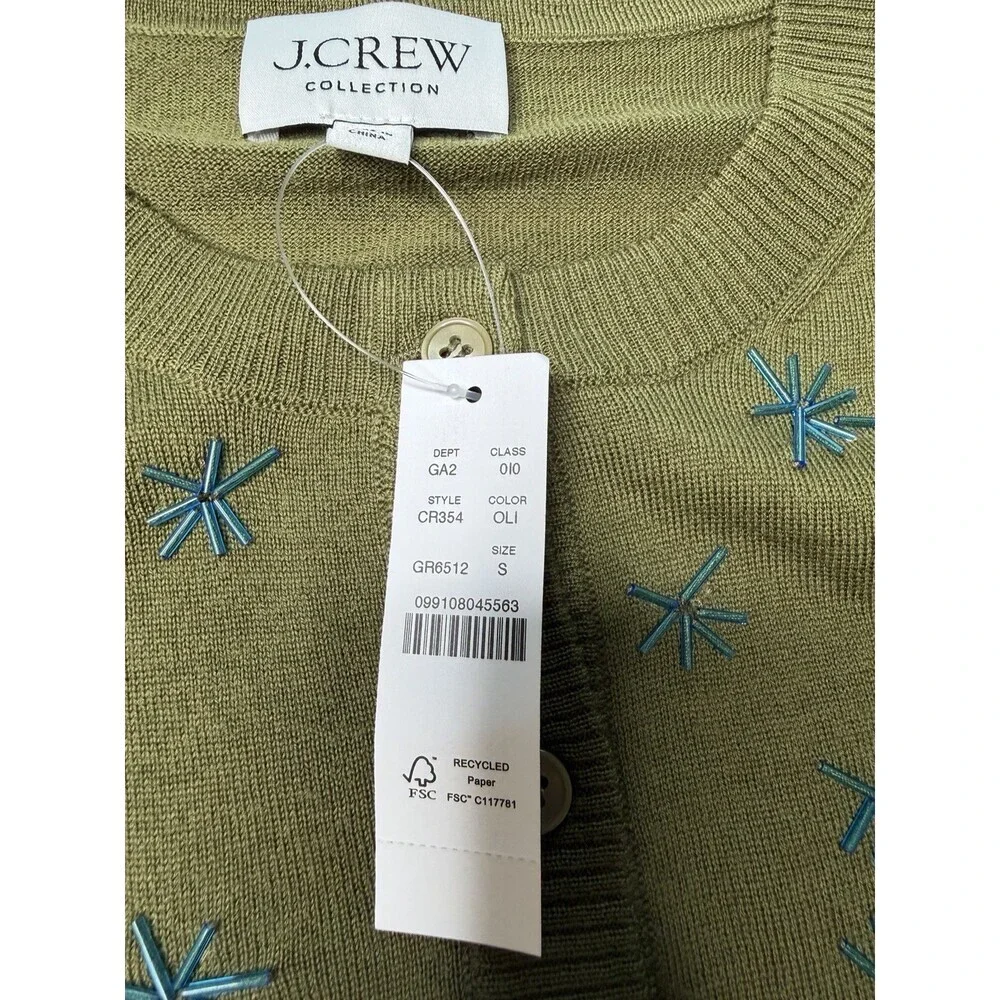 J Crew Collection NWT Crewneck Cardigan in Merino Wool Olive Embellished Small